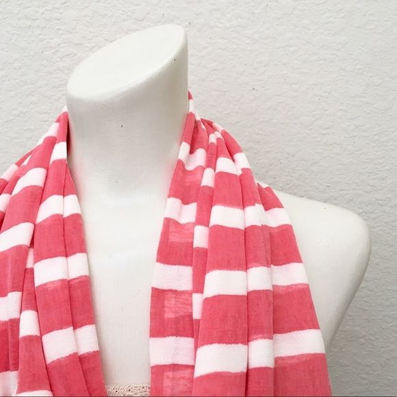 Coral & Ivory Striped Knit Jersey Infinity Scarf NWT - Picture 2 of 5
